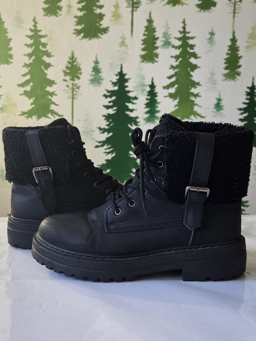 Olivia Miller Nicolette  Faux Fur Lugged Sole Combat Boots